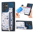 thumbnail image 1 of Designed for Samsung Galaxy S25 Ultra, PU Leather Floral Pattern Card Slots Back Case, Zipper Storage Design Kickstand RFID Blocking Material Built-in Magnetic Car Mount Function Phone Cover, Blue, 1 of 9