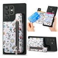 thumbnail image 1 of Designed for Samsung Galaxy S25 Ultra, PU Leather Floral Pattern Card Slots Back Case, Zipper Storage Design Kickstand RFID Blocking Material Built-in Magnetic Car Mount Function Phone Cover, Black, 1 of 9