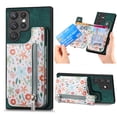 thumbnail image 1 of Designed for Samsung Galaxy S25 Ultra, PU Leather Floral Pattern Card Slots Back Case, Zipper Storage Design Kickstand RFID Blocking Material Built-in Magnetic Car Mount Function Phone Cover, Green, 1 of 1