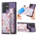 thumbnail image 1 of Designed for Samsung Galaxy S25 Ultra, PU Leather Floral Pattern Card Slots Back Case, Zipper Storage Design Kickstand RFID Blocking Material Built-in Magnetic Car Mount Function Phone Cover, Purple, 1 of 9