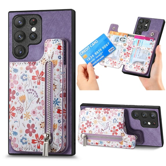 Designed for Samsung Galaxy S25 Ultra, PU Leather Floral Pattern Card Slots Back Case, Zipper Storage Design Kickstand RFID Blocking Material Built-in Magnetic Car Mount Function Phone Cover, Purple