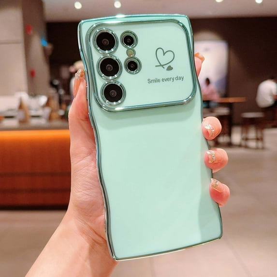 Designed For Samsung Galaxy S25 Ultra Phone Case,Cute Curly Wave Frame with Luxury Plating Love Heart Pattern For Women Girls,Soft TPU Shockproof Raised Lens Protection Phone Case,Green