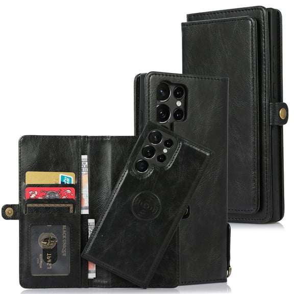 Designed for Samsung Galaxy S25 Ultra Wallet Phone Case,Magnetic Detachable PU Leather Flip Cover,With Card Slots,Fit for Magnetic Bracket,Shockproof Anti-fall Heavy Duty Phone Case Cover,Black
