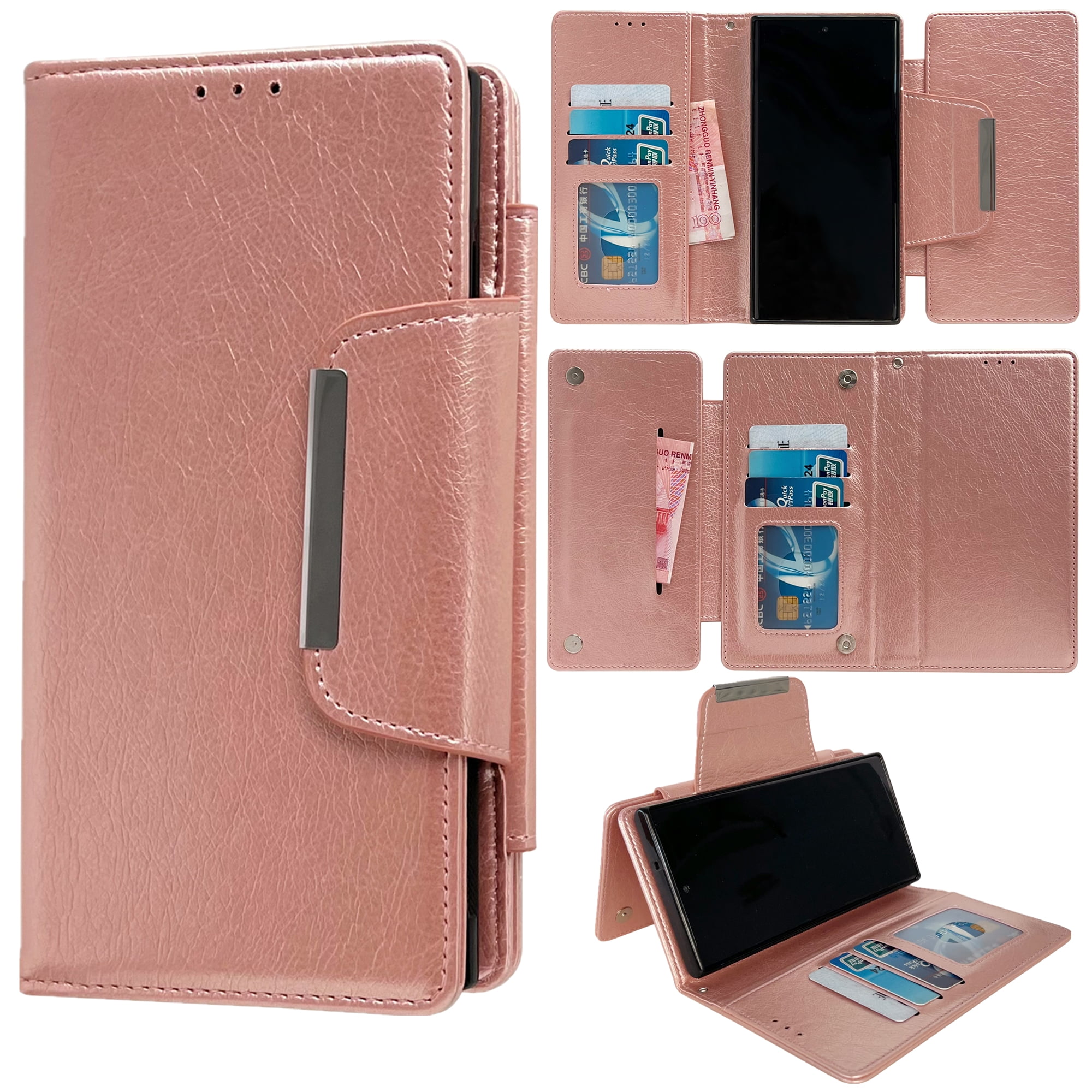Designed For Samsung Galaxy S25 Wallet Phone Case,Detachable PU Leather Magnetic Flip,With Card Slots,Flip Folding Kickstand,Heavy Duty Anti-fall Shockproof Rugged Phone Case,Rosegold