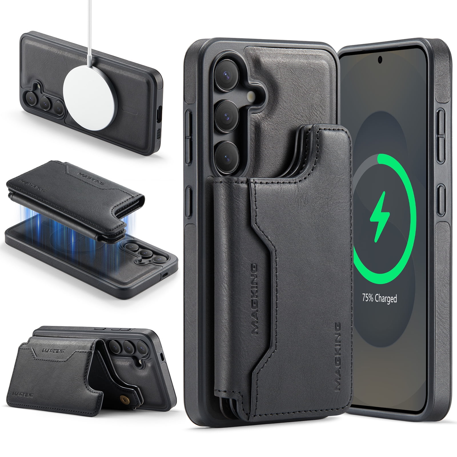Designed for Samsung Galaxy S25+ Wallet Phone Case,Magnetic Detachable Flip Card Holder,Back Flip Kickstand,Compatible with Mag-Safe,2-in-1 PU Leather Heavy Duty Shockproof Phone Case,Black