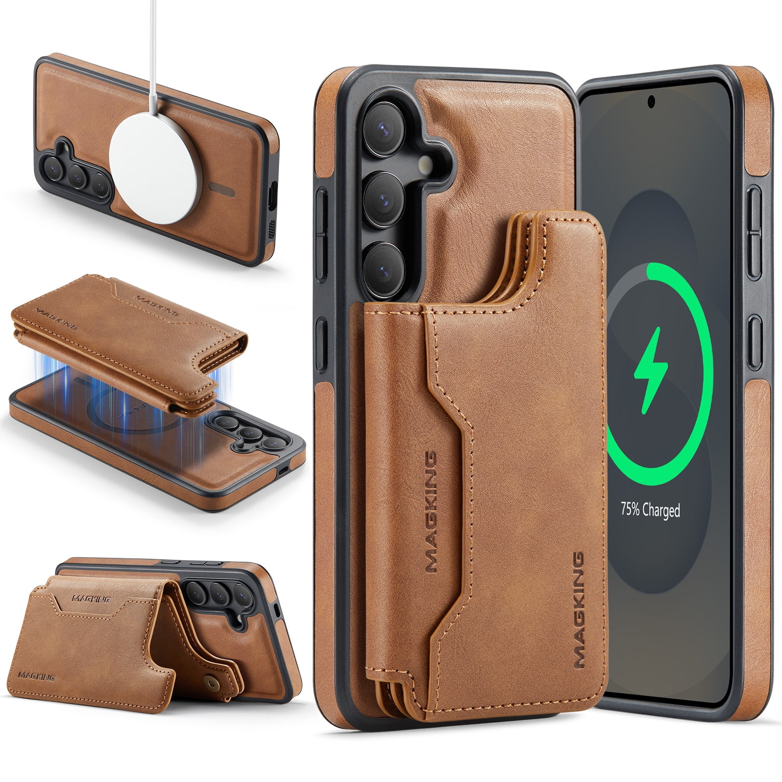 Designed for Samsung Galaxy S25+ Wallet Phone Case,Magnetic Detachable Flip Card Holder,Back Flip Kickstand,Compatible with Mag-Safe,2-in-1 PU Leather Heavy Duty Shockproof Phone Case,Brown