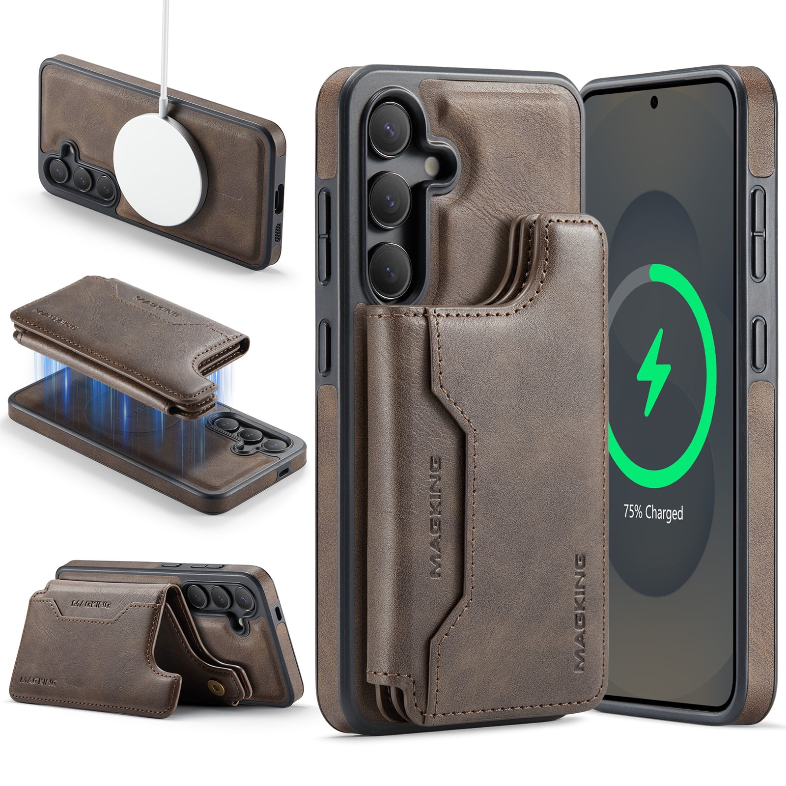 Designed for Samsung Galaxy S25 Wallet Phone Case,Magnetic Detachable Flip Card Holder,Back Flip Kickstand,Compatible with Mag-Safe,2-in-1 PU Leather Heavy Duty Shockproof Phone Case,Coffee