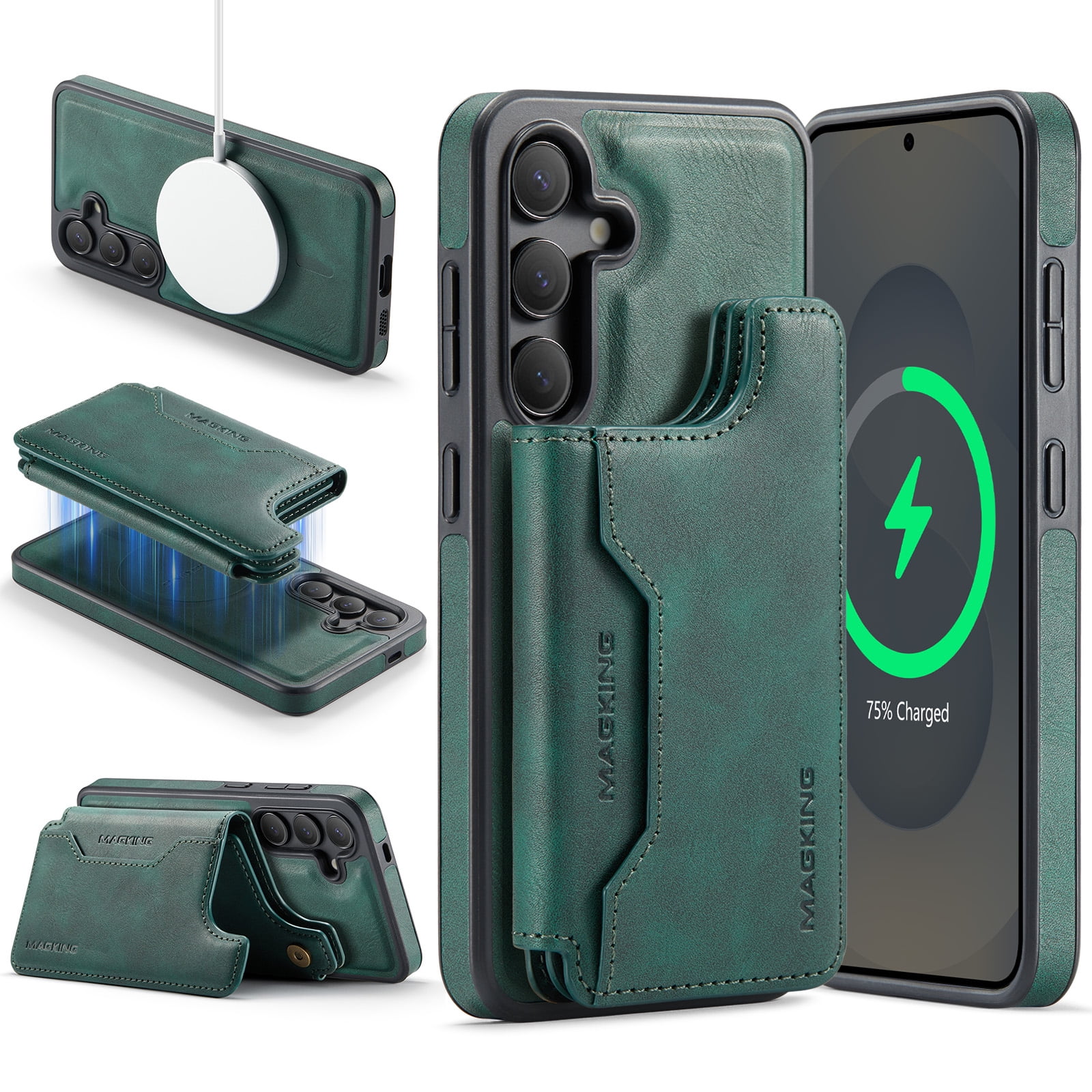 Designed for Samsung Galaxy S25+ Wallet Phone Case,Magnetic Detachable Flip Card Holder,Back Flip Kickstand,Compatible with Mag-Safe,2-in-1 PU Leather Heavy Duty Shockproof Phone Case,Green