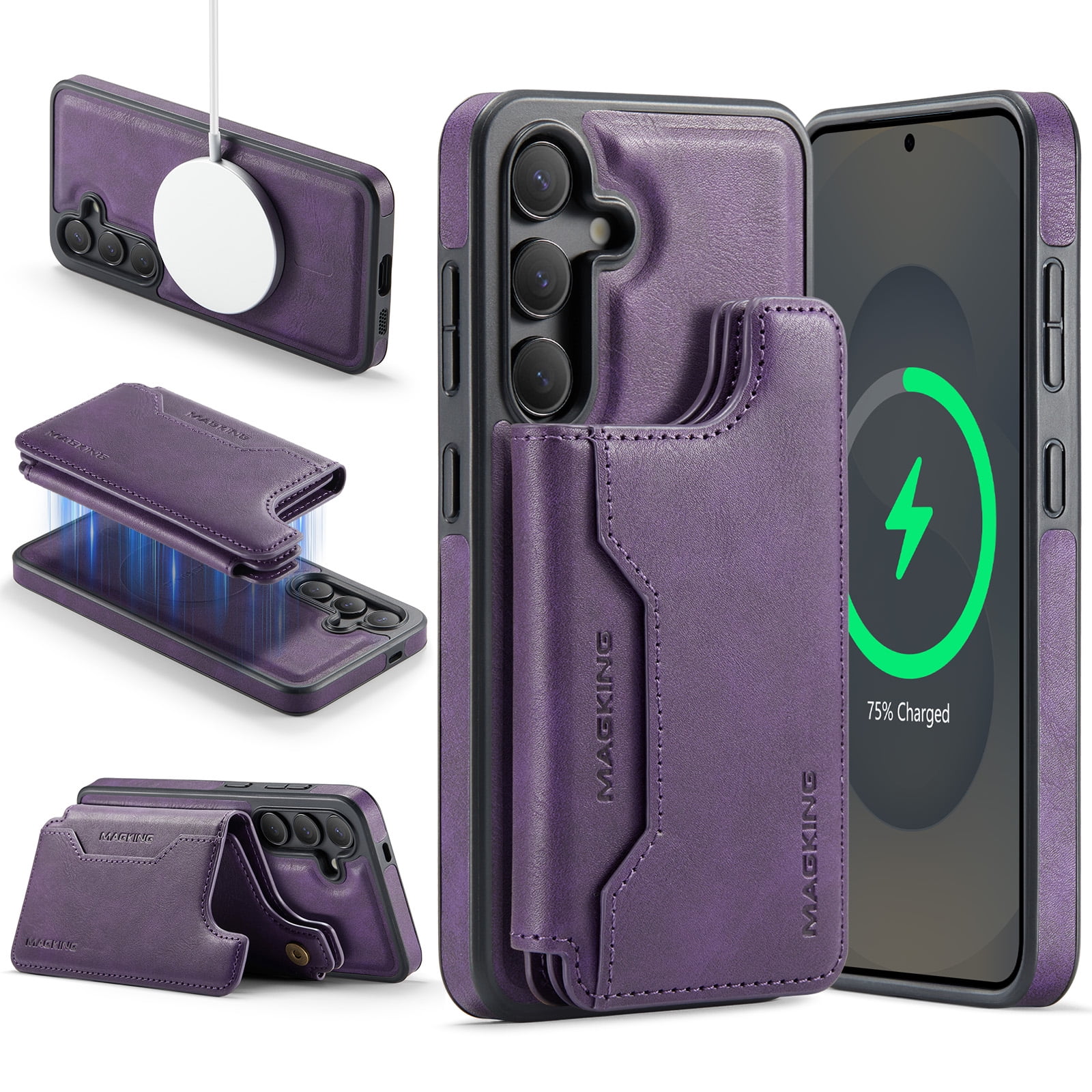 Designed for Samsung Galaxy S25+ Wallet Phone Case,Magnetic Detachable Flip Card Holder,Back Flip Kickstand,Compatible with Mag-Safe,2-in-1 PU Leather Heavy Duty Shockproof Phone Case,Purple