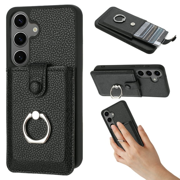 Designed for Samsung Galaxy S25 Wallet Phone Case,With Card Slots,360°Rotatable Ring Kickstand,Lychee Pattern PU Leather Magnetic Clasp Shockproof Anti-fall Rugged Phone Case,Black