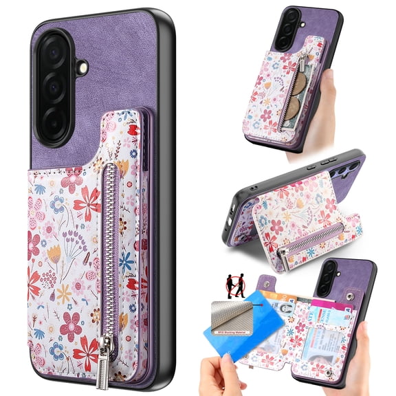Designed for Samsung Galaxy S26, PU Leather Floral Pattern Card Slots Back Case, Zipper Storage Design Kickstand RFID Blocking Material Built-in Magnetic Car Mount Function Phone Cover, Purple
