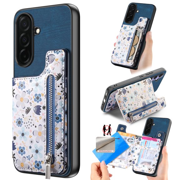 Designed for Samsung Galaxy S26, PU Leather Floral Pattern Card Slots Back Case, Zipper Storage Design Kickstand RFID Blocking Material Built-in Magnetic Car Mount Function Phone Cover, Blue