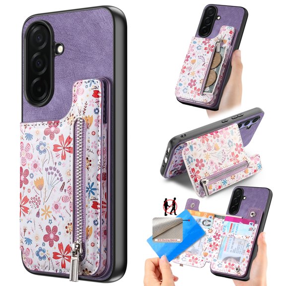 Designed for Samsung Galaxy S26 Plus, PU Leather Floral Pattern Card Slots Back Case, Zipper Storage Design Kickstand RFID Blocking Material Built-in Magnetic Car Mount Function Phone Cover, Purple