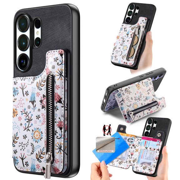 Designed for Samsung Galaxy S26 Ultra, PU Leather Floral Pattern Card Slots Back Case, Zipper Storage Design Kickstand RFID Blocking Material Built-in Magnetic Car Mount Function Phone Cover, Black
