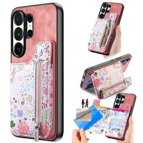 Designed for Samsung Galaxy S26 Ultra, PU Leather Floral Pattern Card Slots Back Case, Zipper Storage Design Kickstand RFID Blocking Material Built-in Magnetic Car Mount Function Phone Cover, Pink