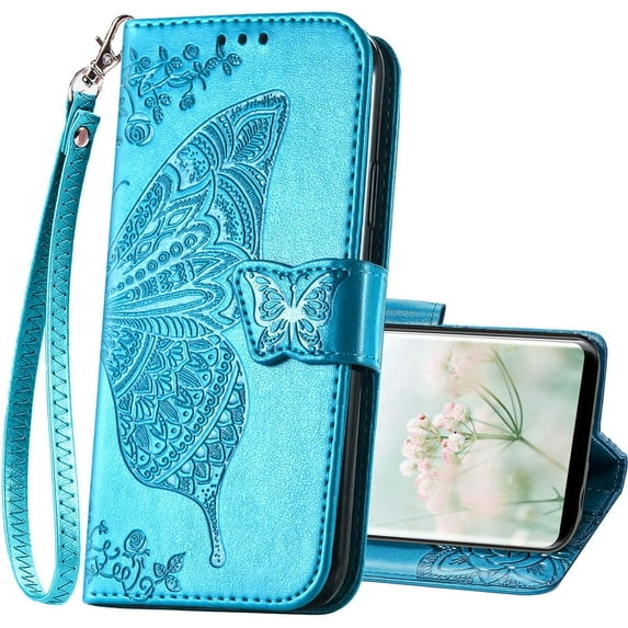 Designed for Samsung Galaxy S9 Phone Case Wallet,Butterfly Embossed PU Leather Flip Folio Cover Credit Card Holder Slots Stand with Wrist Strap Phone Case for Samsung S9 5.8 Inch (Blue)