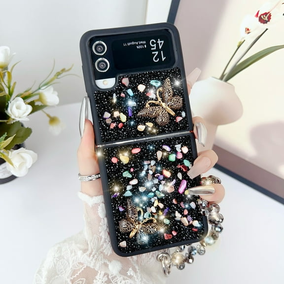 Designed for Samsung Galaxy Z Flip 3 Case Cute for Women Girls, Luxury Sparkle Rhinestone Crystal Chain Bracelet Bling Glitter Diamond Slim Shockproof Cover for Samsung Galaxy Z Flip 3, Black