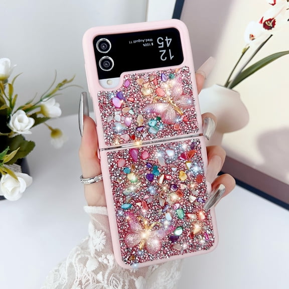 Designed for Samsung Galaxy Z Flip 3 Case Cute for Women Girls, Luxury Sparkle Rhinestone Crystal Chain Bracelet Bling Glitter Diamond Slim Shockproof Cover for Samsung Galaxy Z Flip 3, Pink