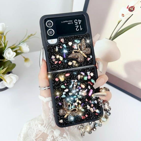 Designed for Samsung Galaxy Z Flip 3 Case Cute for Women Girls, Luxury Sparkle Rhinestone Crystal Chain Bracelet Bling Glitter Diamond Slim Shockproof Cover for Samsung Galaxy Z Flip 3, Black