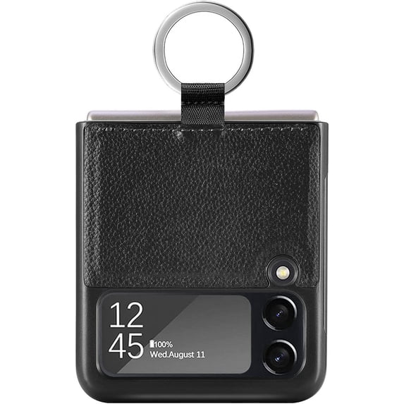 Designed for Samsung Galaxy Z Flip 3 Case with Ring, Slim Thin PU Leather Shockproof Phone Cover, Z Flip 3 5G Protective Case with Strap (2021) (Black)