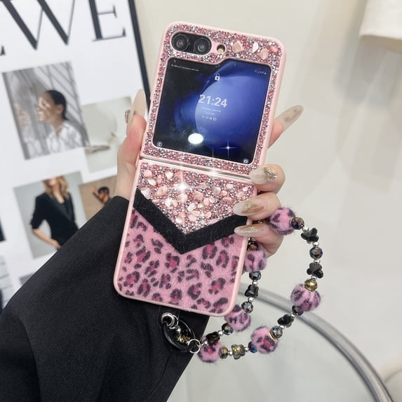 Designed for Samsung Galaxy Z Flip 3 Fluffy Leopard Case, Hard Protection Shockproof Anti-Drop Case, Cute Leopard Pattern Glitter Stone Bling Cover with Leopard Beaded Strap for Women Girls, Pink