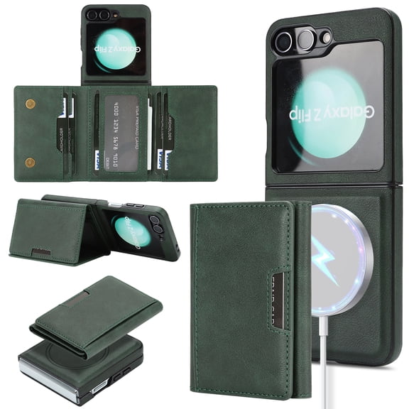 Designed for Samsung Galaxy Z Flip 3 Wallet Case,2-in-1 Magnetic Detachable Card Holder,Compatible with Mag-safe,With Kickstand,PU Leather Anti-Scratch Shockproof Rugged Phone Case,Green