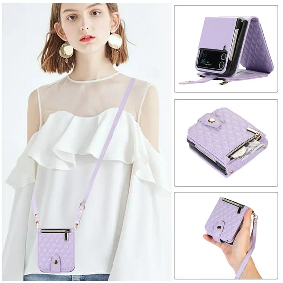 Designed for Samsung Galaxy Z Flip 4 5G Wallet Case, PU Leather Card Slot Magnetic Zipper Flip Lanyard Strap Wristlet Kickstand Stand Phone Cover Purse Compatible with Z Flip 4, Purple