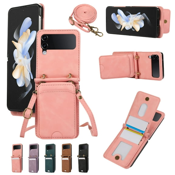 Designed for Samsung Galaxy Z Flip 4 Case with Card Holder Crossbody Lanyard Strap PU Leather RFID Blocking Wallet Case with Back Magnetic Clasp Flip Kickstand Heavy Duty Protective Cover,Pink