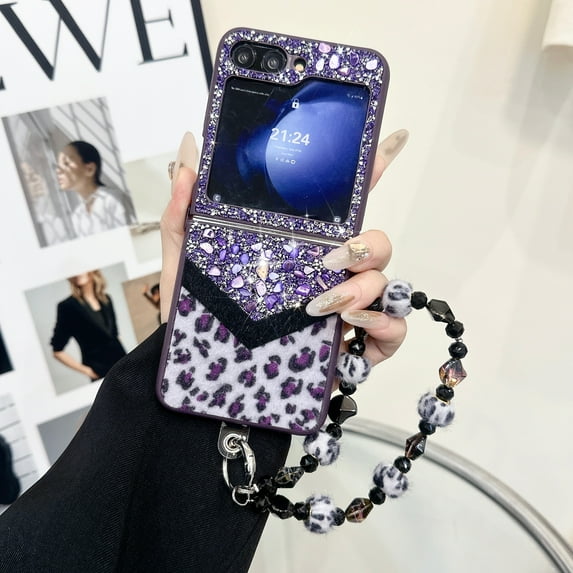 Designed for Samsung Galaxy Z Flip 4 Fluffy Leopard Case, Hard Protection Shockproof Anti-Drop Case, Cute Leopard Pattern Glitter Stone Bling Cover with Leopard Beaded Strap for Women Girls, Purple