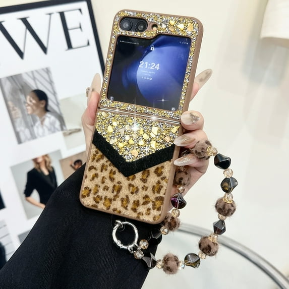 Designed for Samsung Galaxy Z Flip 4 Fluffy Leopard Case, Hard Protection Shockproof Anti-Drop Case, Cute Leopard Pattern Glitter Stone Bling Cover with Leopard Beaded Strap for Women Girls, Gold