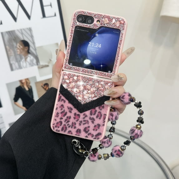 Designed for Samsung Galaxy Z Flip 4 Fluffy Leopard Case, Hard Protection Shockproof Anti-Drop Case, Cute Leopard Pattern Glitter Stone Bling Cover with Leopard Beaded Strap for Women Girls, Pink