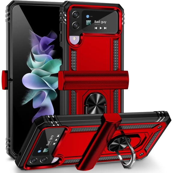 Designed for Samsung Galaxy Z Flip 4,Z Flip 3 Heavy Duty Case with Built-in Kickstand, Dual Layer Protection with Rotating Holder Ring, Sturdy Case for Samsung Galaxy Z Flip 4,Z Flip 3, Red