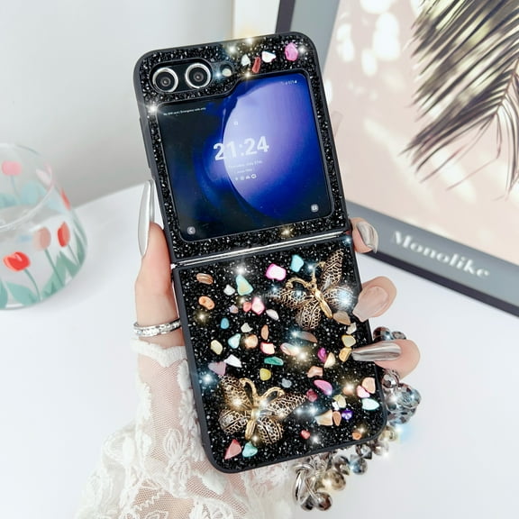 Designed for Samsung Galaxy Z Flip 5 Case Cute for Women Girls, Luxury Sparkle Rhinestone Crystal Chain Bracelet Bling Glitter Diamond Slim Shockproof Cover for Samsung Galaxy Z Flip 5, Black