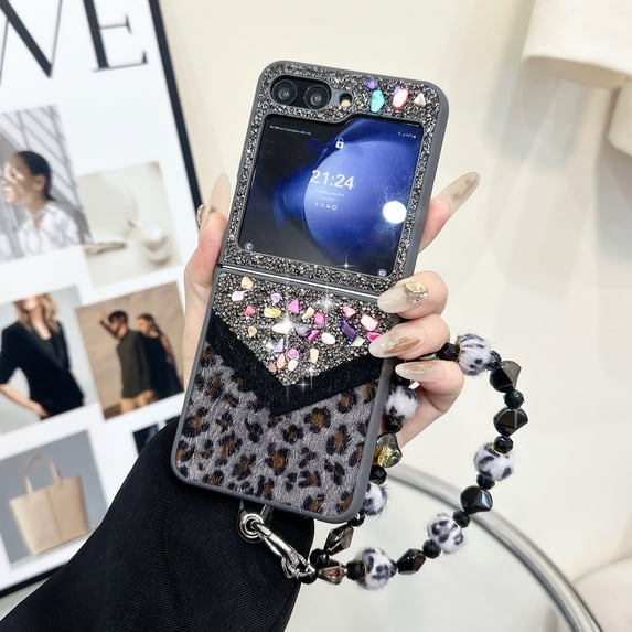 Designed for Samsung Galaxy Z Flip 5 Fluffy Leopard Case, Hard Protection Shockproof Anti-Drop Case, Cute Leopard Pattern Glitter Stone Bling Cover with Leopard Beaded Strap for Women Girls, Black