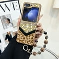 thumbnail image 1 of Designed for Samsung Galaxy Z Flip 5 Fluffy Leopard Case, Hard Protection Shockproof Anti-Drop Case, Cute Leopard Pattern Glitter Stone Bling Cover with Leopard Beaded Strap for Women Girls, Gold, 1 of 11