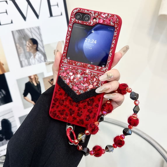 Designed for Samsung Galaxy Z Flip 5 Fluffy Leopard Case, Hard Protection Shockproof Anti-Drop Case, Cute Leopard Pattern Glitter Stone Bling Cover with Leopard Beaded Strap for Women Girls, Red