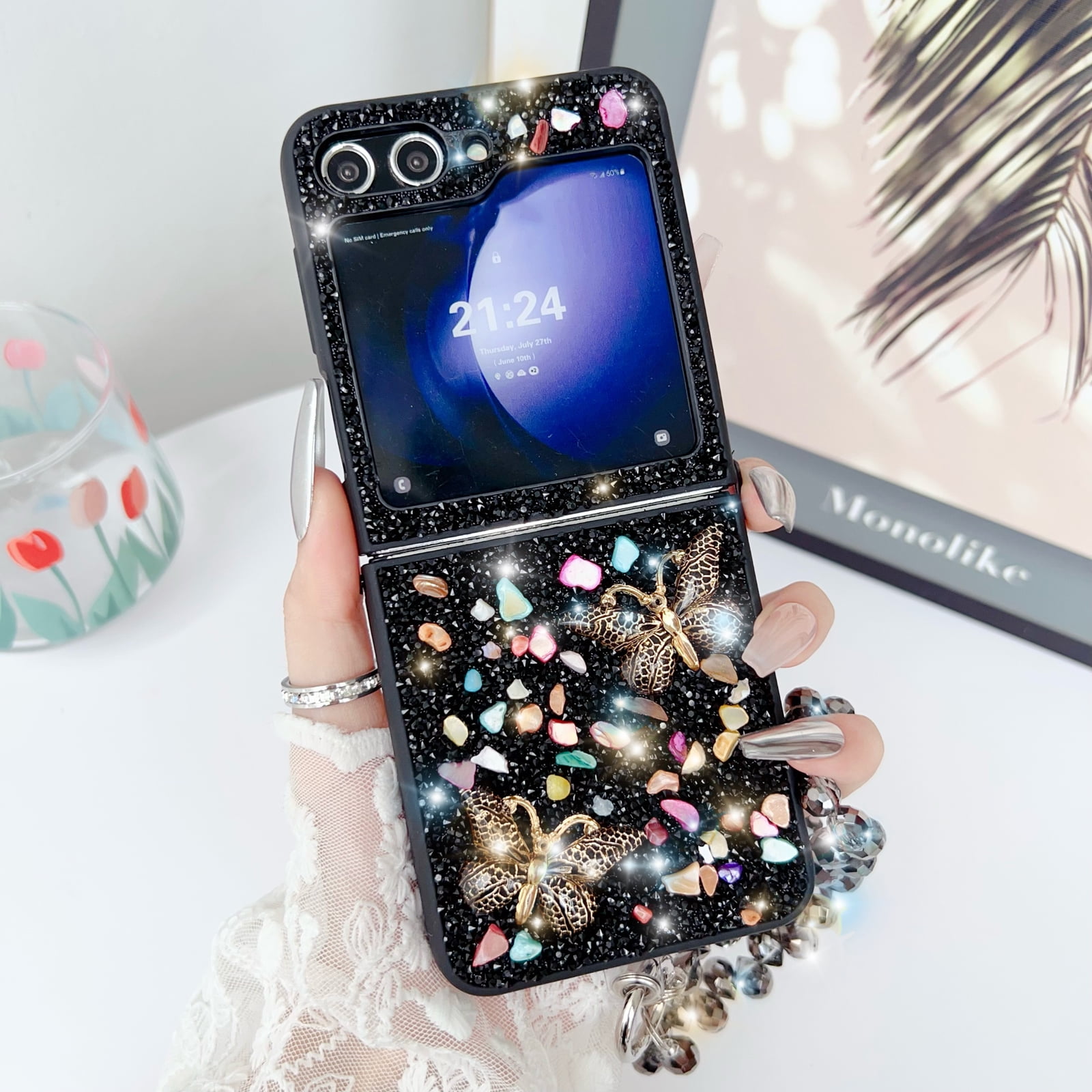 Custodia Huawei P Smart 2019 Con Strass E Catena - Cover Lucida Perla Con Portacarte E Protezione Lente - Foto 3
