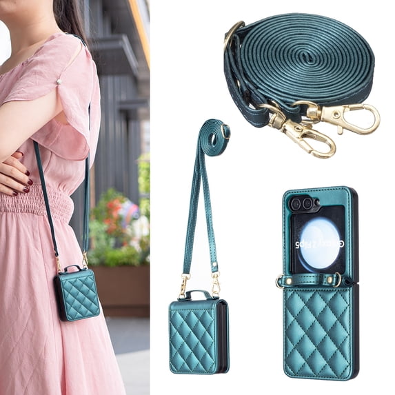 Designed for Samsung Galaxy Z Flip 6, Stylish Premium PU Leather Cover with Hand Strap & Detachable Long Strap, Thin Fit Lightgweight Non-Slip Girls Women Phone Cover - Green