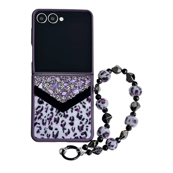 Designed for Samsung Galaxy Z Flip 7 Fluffy Leopard Case, Hard Protection Shockproof Anti-Drop Case, Cute Leopard Pattern Glitter Stone Bling Cover with Leopard Beaded Strap for Women Girls, Purple