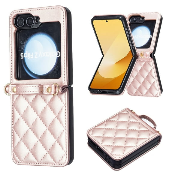 Designed for Samsung Galaxy Z Flip 7 Phone Case,Anti-Scratch Diamond-shaped Pattern PU Leather Back,With Long Shoulder Strap,For Women Girls,Shockproof Anti-fall Crossbody Phone Case,Rosegold