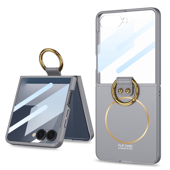 Designed For Samsung Galaxy Z Flip 7 Phone Case,Compatible with Mag-safe,With Contractile Ring Holder,Built-in Small Screen Protector,Shockproof Lightweight Glossy Slim Phone Case,Gray