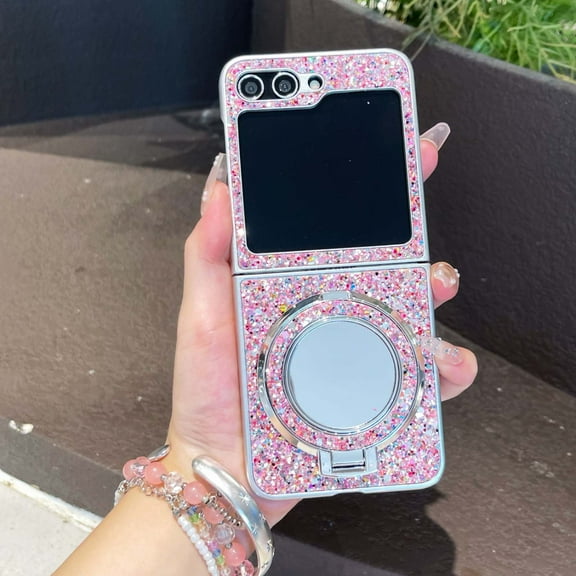 Designed for Samsung Galaxy Z Flip 7 Phone Case,With Contractile Ring Kickstand,Make-up Mirror,Luxury Bling Glitter Sequins Back,Silver Bumper,Shockproof Rugged Phone Case,