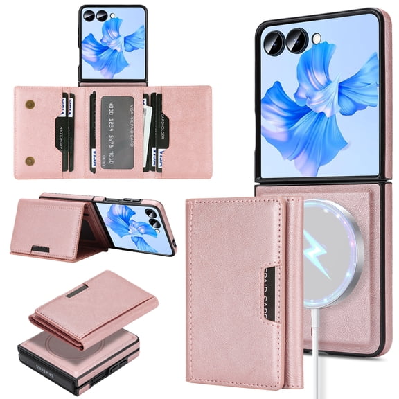 Designed for Samsung Galaxy Z Flip8 Wallet Case,2-in-1 Magnetic Detachable Card Holder,Compatible with Mag-safe,With Kickstand,PU Leather Anti-Scratch Shockproof Rugged Phone Case,Rosegold