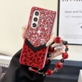 thumbnail image 1 of Designed for Samsung Galaxy Z Fold 3 Fluffy Leopard Case, Hard Protection Shockproof Anti-Drop Case, Cute Leopard Pattern Glitter Stone Bling Cover with Leopard Beaded Strap for Women Girls, Red, 1 of 9