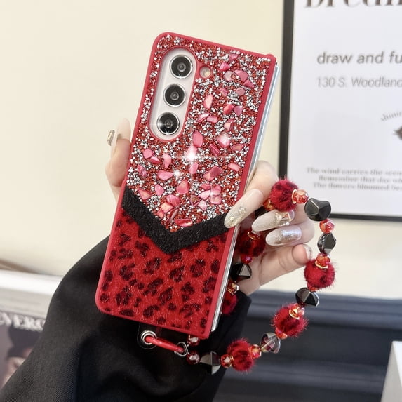 Designed for Samsung Galaxy Z Fold 3 Fluffy Leopard Case, Hard Protection Shockproof Anti-Drop Case, Cute Leopard Pattern Glitter Stone Bling Cover with Leopard Beaded Strap for Women Girls, Red