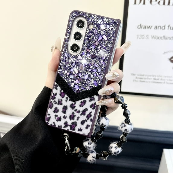 Designed for Samsung Galaxy Z Fold 3 Fluffy Leopard Case, Hard Protection Shockproof Anti-Drop Case, Cute Leopard Pattern Glitter Stone Bling Cover with Leopard Beaded Strap for Women Girls, Purple