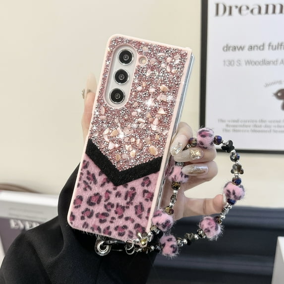 Designed for Samsung Galaxy Z Fold 3 Fluffy Leopard Case, Hard Protection Shockproof Anti-Drop Case, Cute Leopard Pattern Glitter Stone Bling Cover with Leopard Beaded Strap for Women Girls, Pink