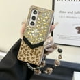 thumbnail image 1 of Designed for Samsung Galaxy Z Fold 3 Fluffy Leopard Case, Hard Protection Shockproof Anti-Drop Case, Cute Leopard Pattern Glitter Stone Bling Cover with Leopard Beaded Strap for Women Girls, Gold, 1 of 11