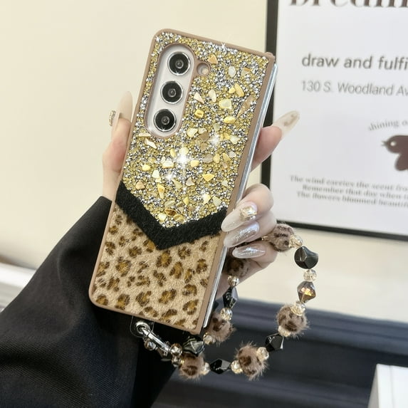 Designed for Samsung Galaxy Z Fold 3 Fluffy Leopard Case, Hard Protection Shockproof Anti-Drop Case, Cute Leopard Pattern Glitter Stone Bling Cover with Leopard Beaded Strap for Women Girls, Gold