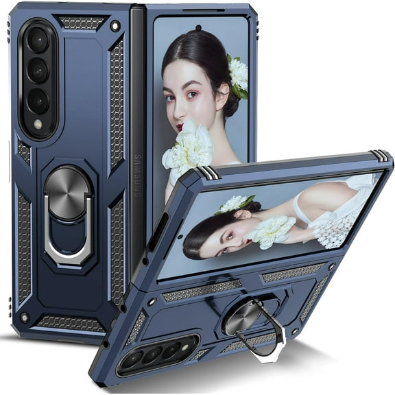 Designed for Samsung Galaxy Z Fold 3 Heavy Duty Case with Built-in Kickstand, Dual Layer Protection with Rotating Holder Ring, Sturdy Case for Samsung Galaxy Z Fold 3, Navy